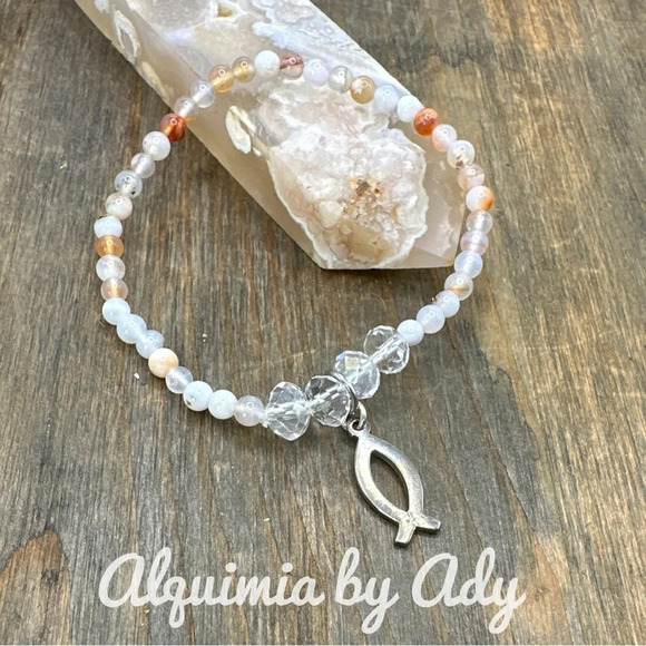 Flower agate dainty beaded bracelet/heart chakra bracelet/dainty bohemian - Picture 1 of 6